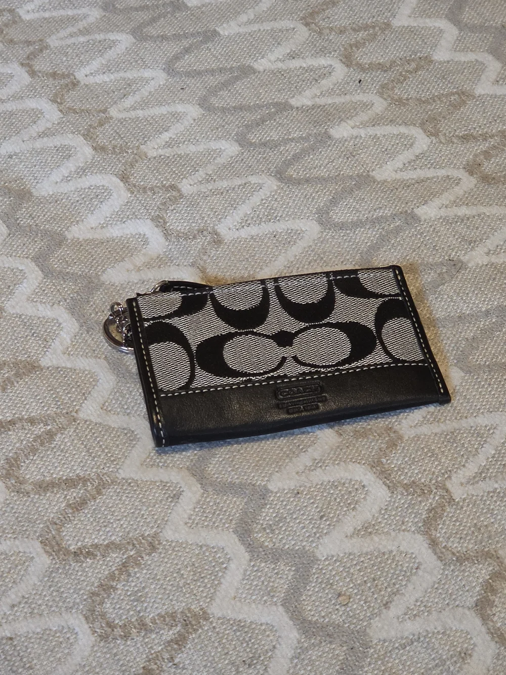 Coach Signature Black & Cream Card Case with Key Ring